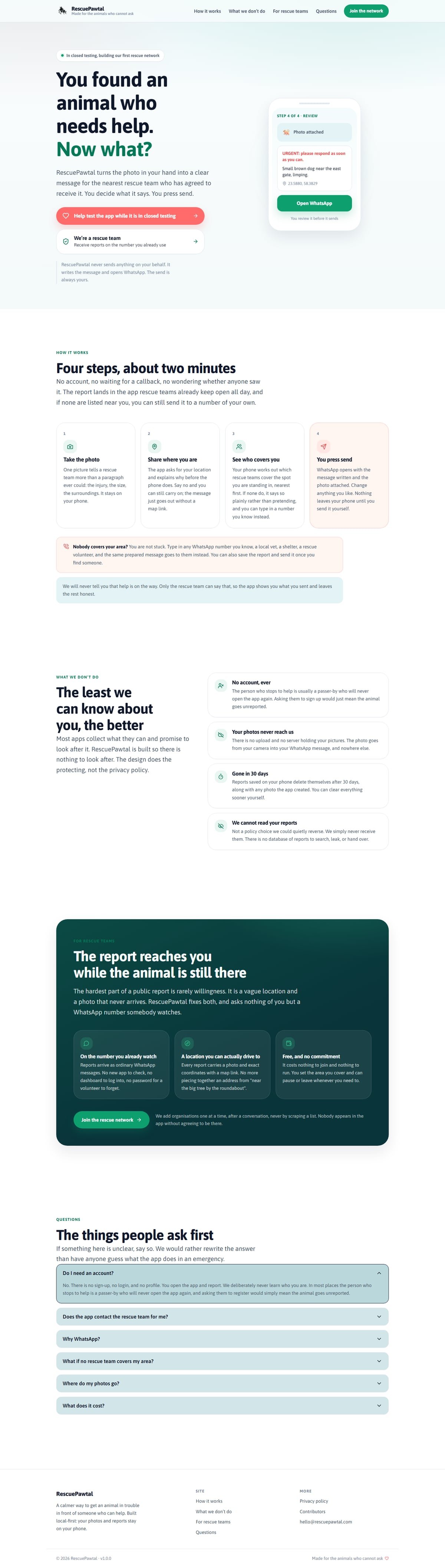 Full-page screenshot of the RescuePawtal website