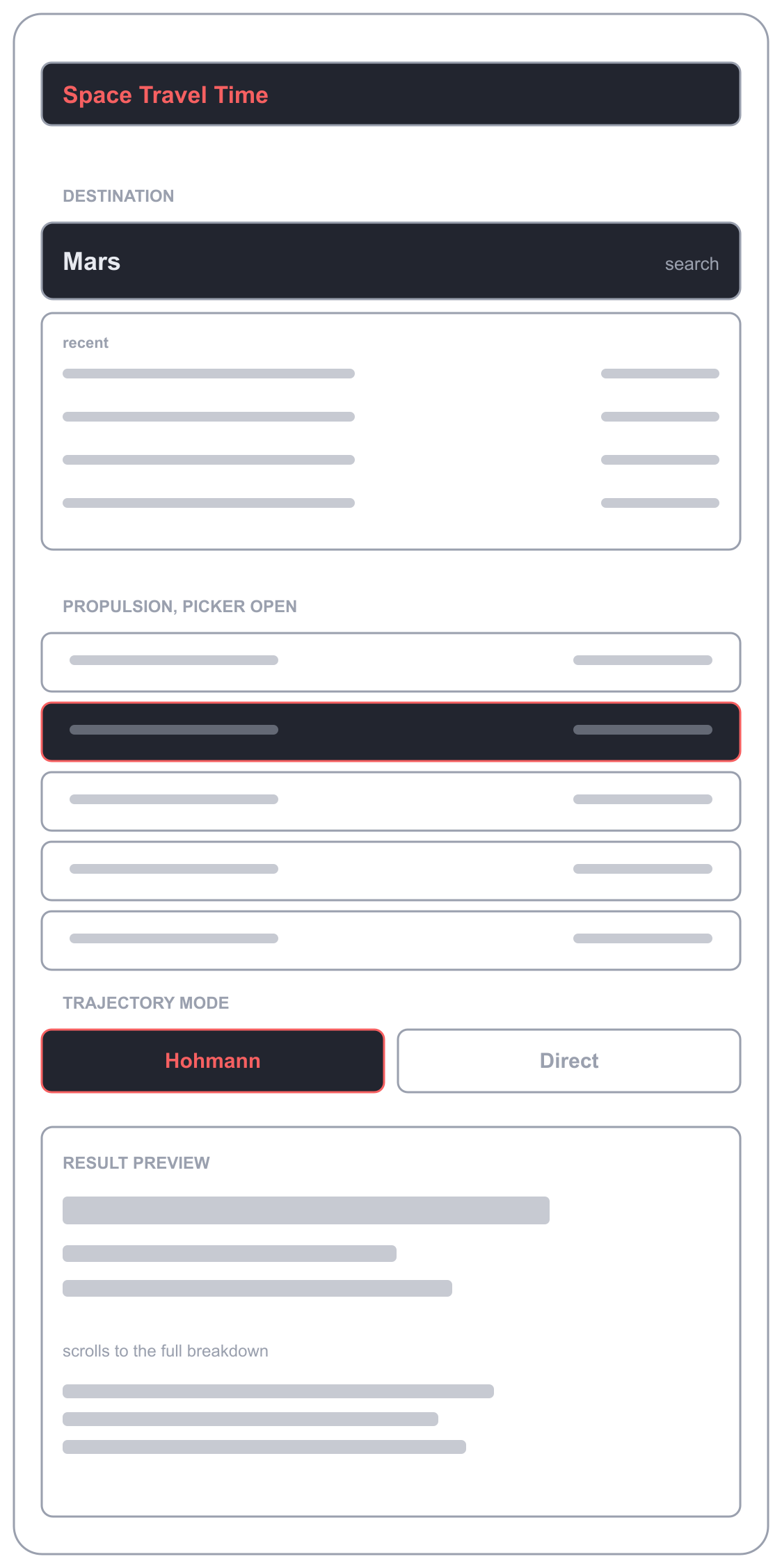 Space Travel Time, low-fidelity wireframe 1